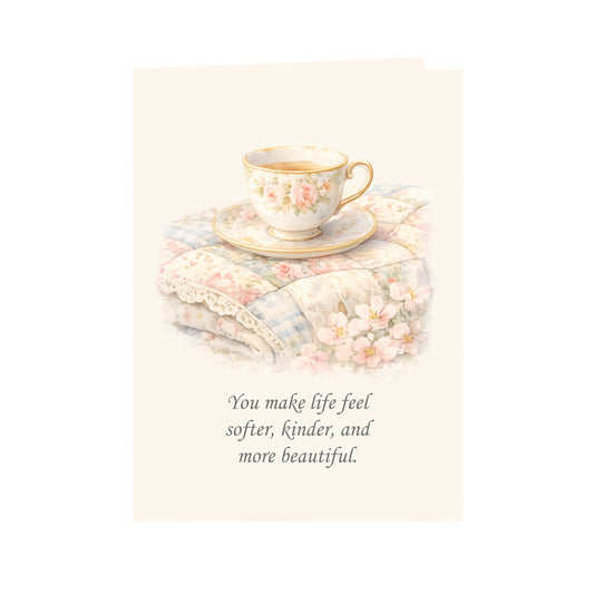 Quilter Gift: A Mother's Day Card - Soft with Delicate floral teacup on pastel quilt, vintage watercolor style.