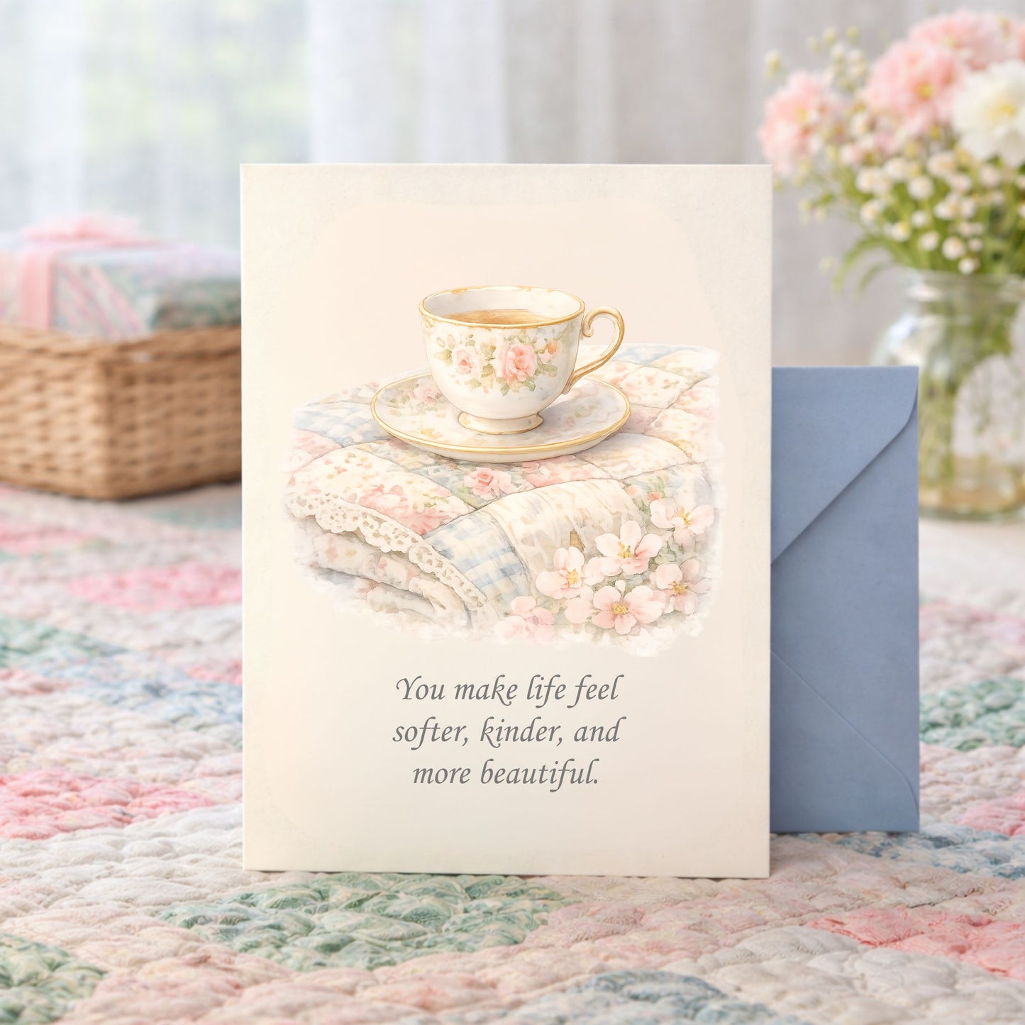 Quilter Gift: A Mother's Day Card - Soft with Delicate floral teacup on pastel quilt, vintage watercolor style.