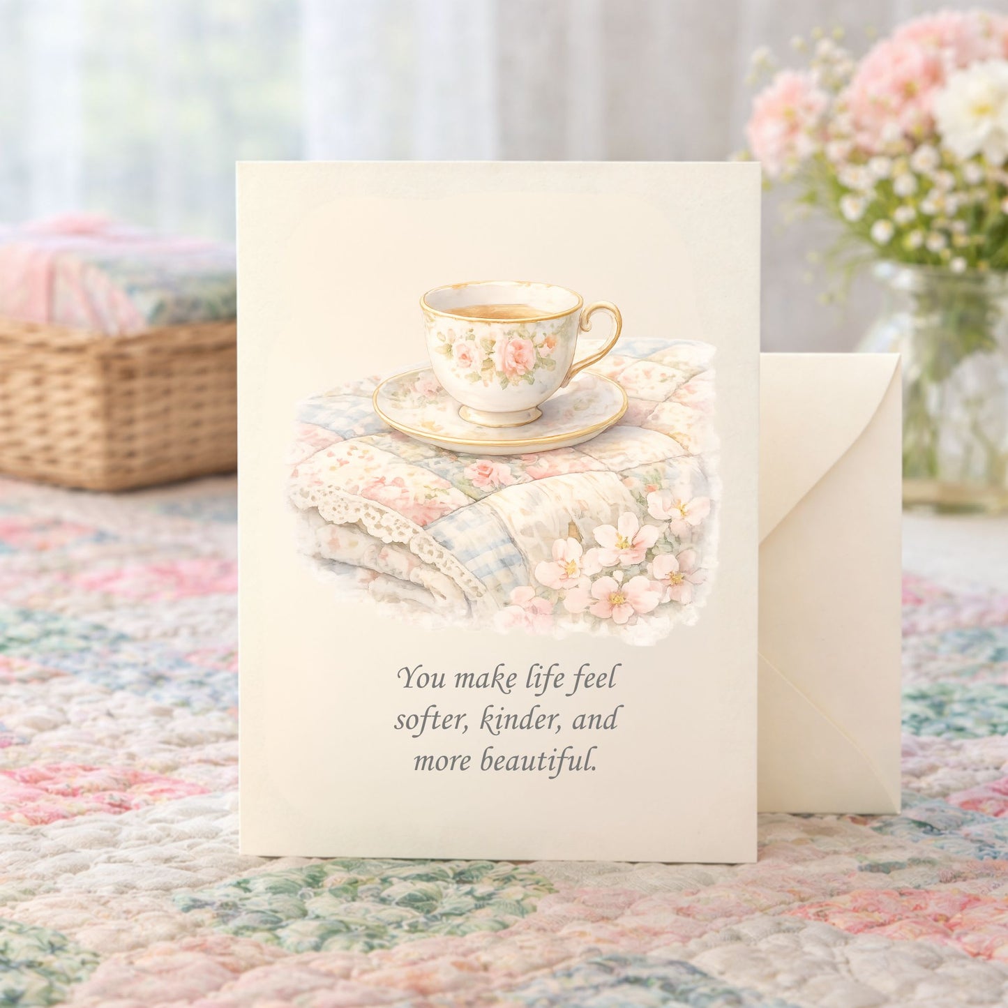 Quilter Gift: A Mother's Day Card - Soft with Delicate floral teacup on pastel quilt, vintage watercolor style.
