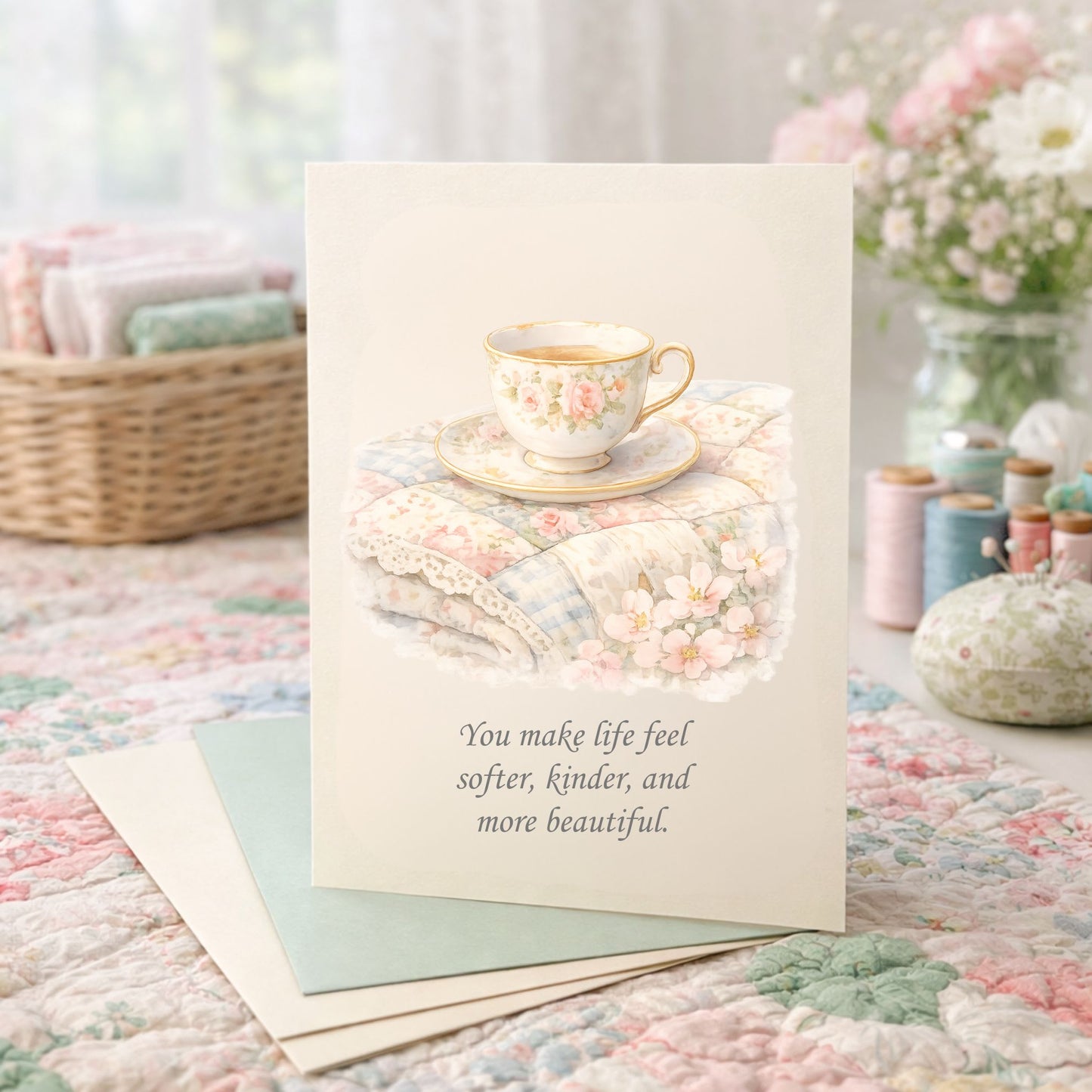 Quilter Gift: A Mother's Day Card - Soft with Delicate floral teacup on pastel quilt, vintage watercolor style.