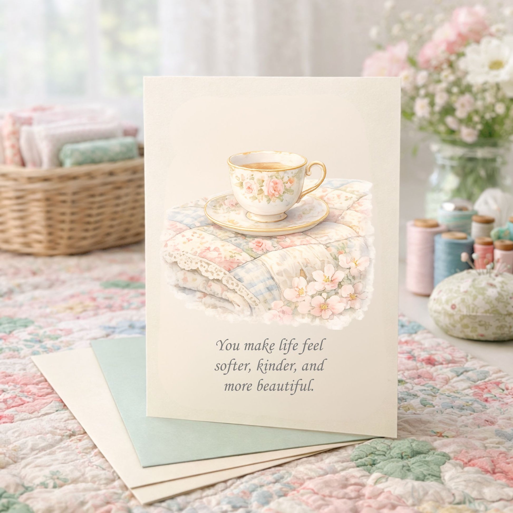 Quilter Gift: A Mother's Day Card - Soft with Delicate floral teacup on pastel quilt, vintage watercolor style.