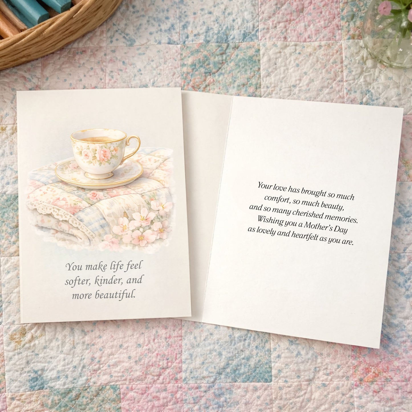 Quilter Gift: A Mother's Day Card - Soft with Delicate floral teacup on pastel quilt, vintage watercolor style.
