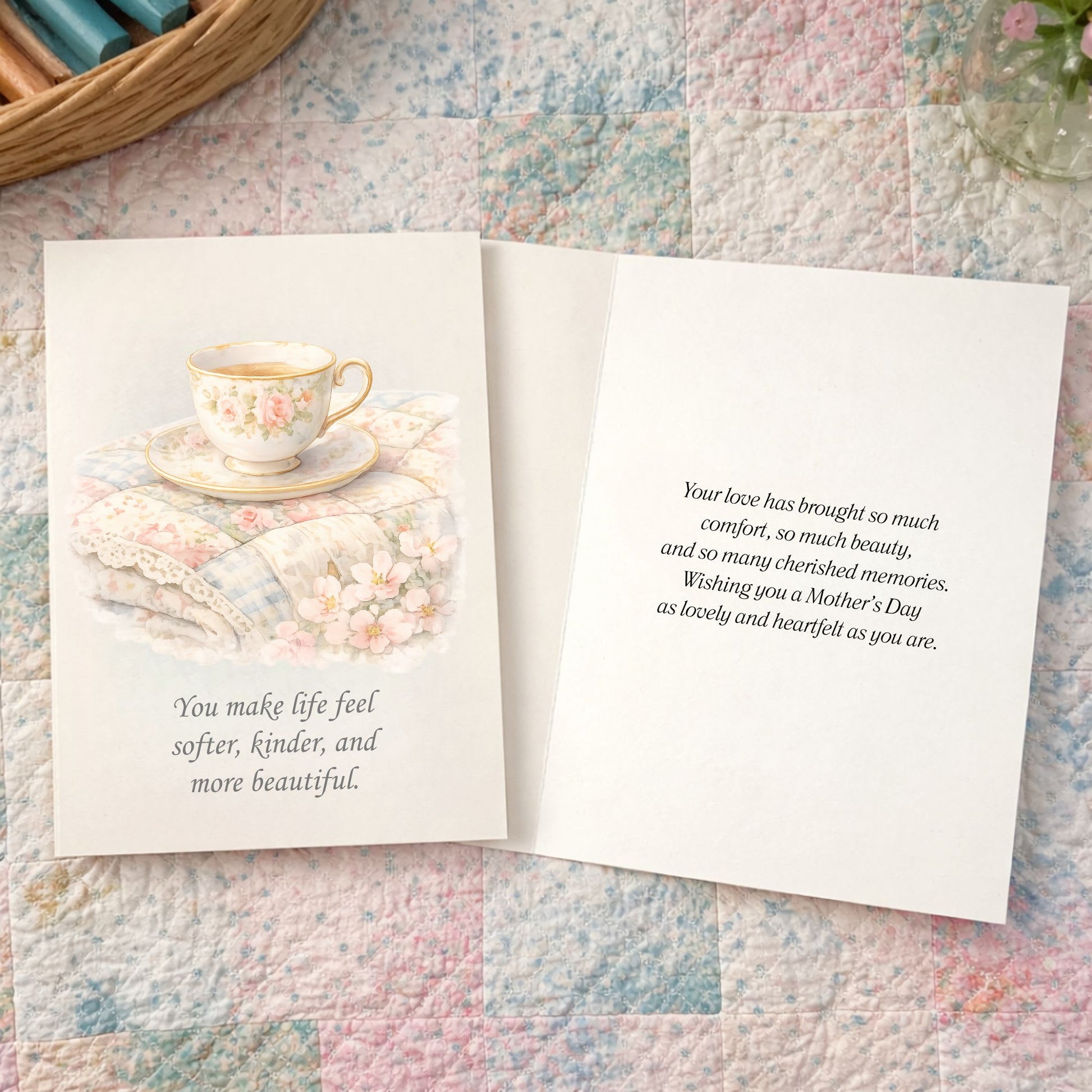 Quilter Gift: A Mother's Day Card - Soft with Delicate floral teacup on pastel quilt, vintage watercolor style.