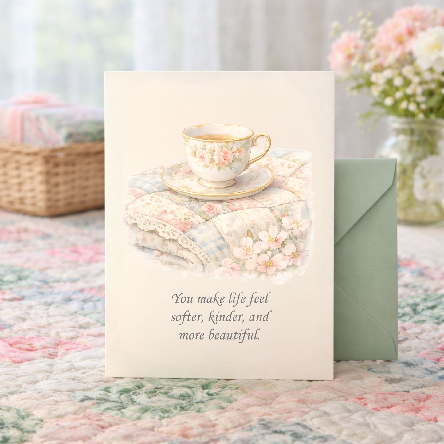 Quilter Gift: A Mother's Day Card - Soft with Delicate floral teacup on pastel quilt, vintage watercolor style.