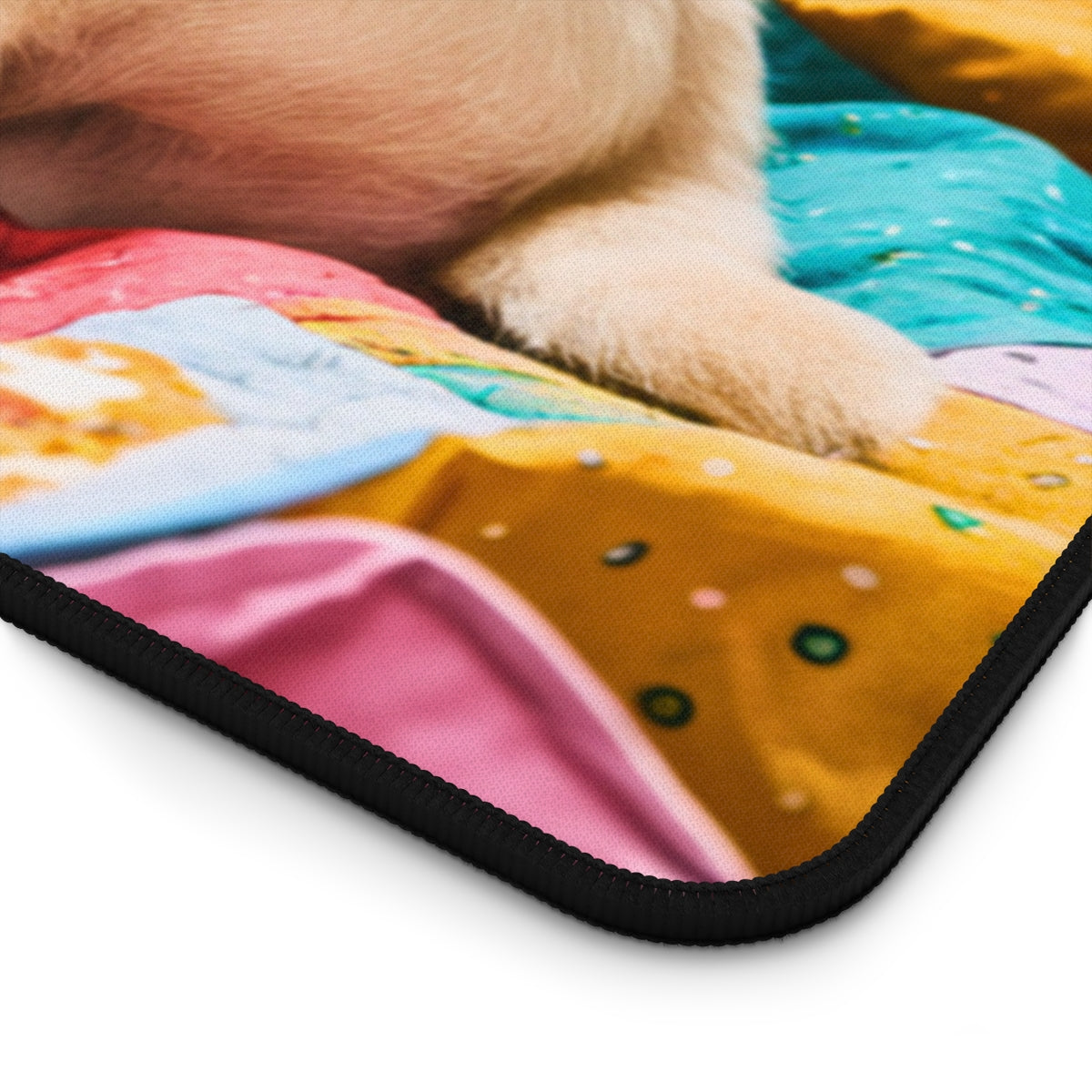 A quilting inspired Desk pad showcasing a sleeping yellow Labrador puppy on a brightly colored summer quilt. The quilt features a patchwork of vibrant colors including red, yellow, green, and blue, with fun geometric patterns, bringing a cheerful summer vibe to your desk. Perfect gift for quilters.