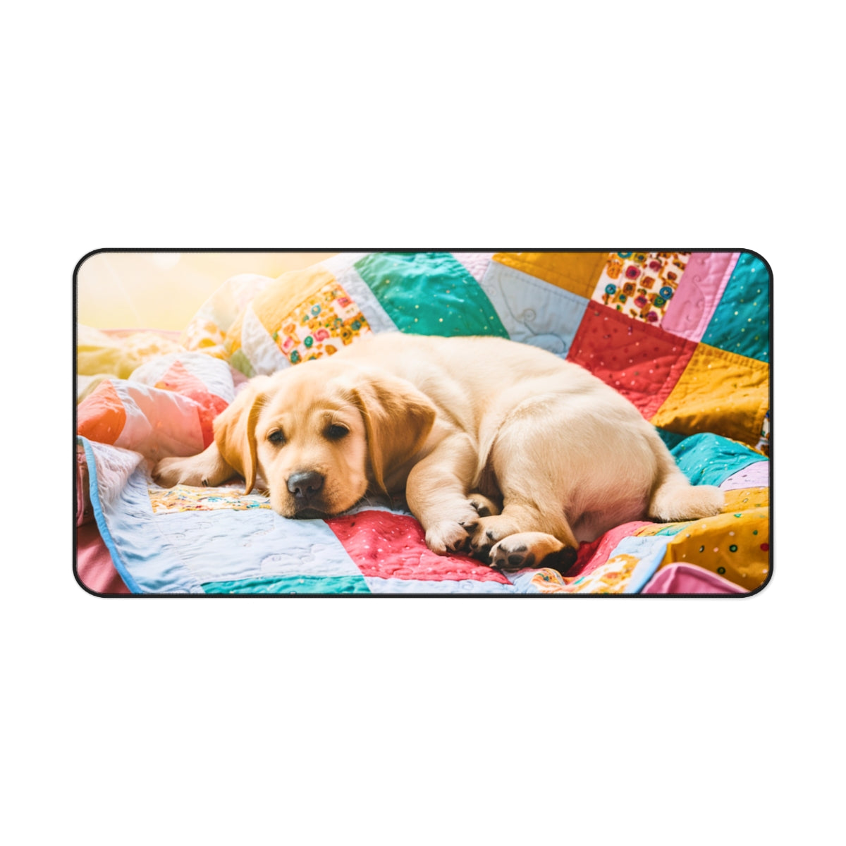 A quilting inspired Desk pad showcasing a sleeping yellow Labrador puppy on a brightly colored summer quilt. The quilt features a patchwork of vibrant colors including red, yellow, green, and blue, with fun geometric patterns, bringing a cheerful summer vibe to your desk. Perfect gift for quilters.