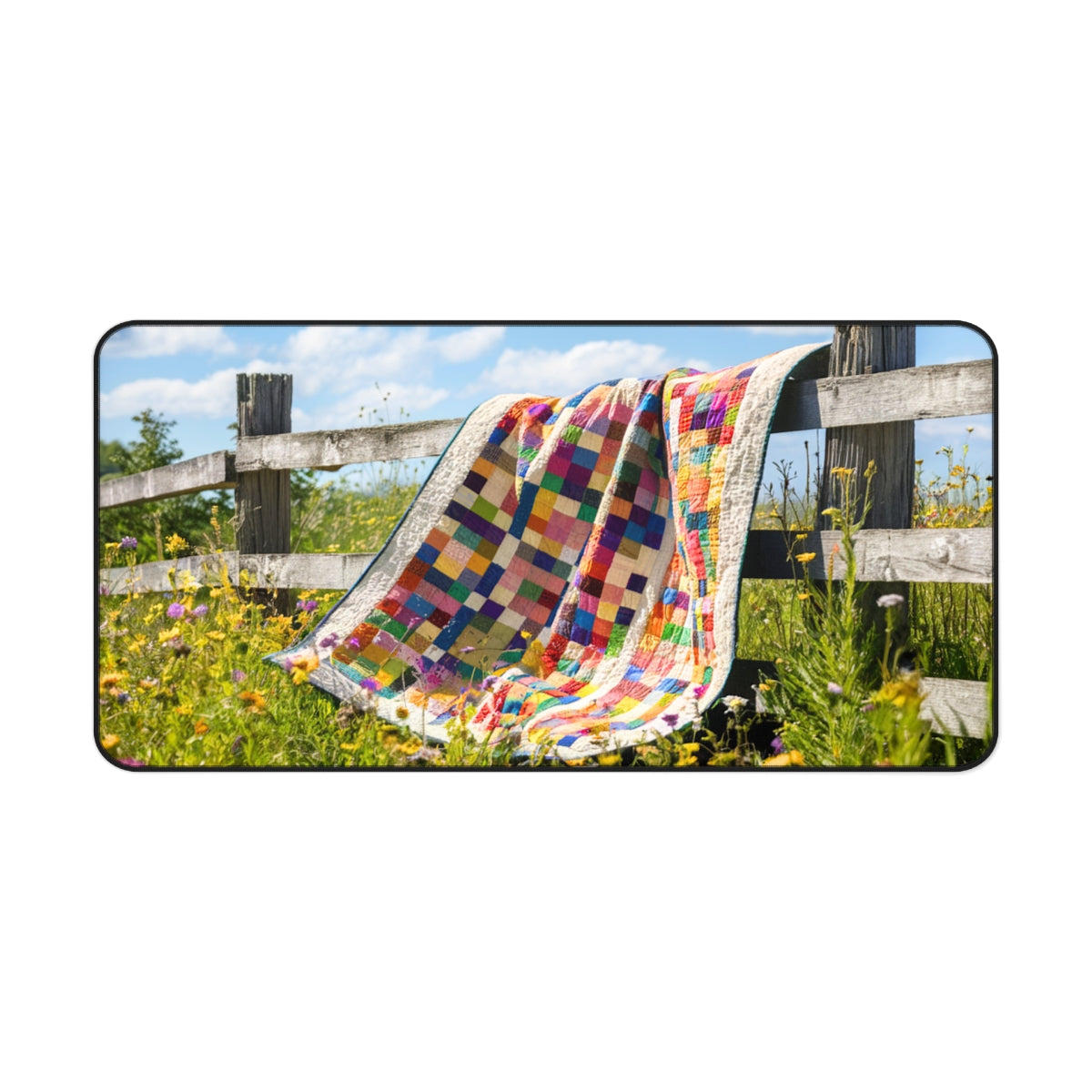 A quilting inspired Desk pad featuring a colorful patchwork quilt draped over a weathered wooden fence. Wildflowers in yellow, purple, and white surround the fence, with a blue sky and fluffy clouds above. Perfect gift for quilters.
