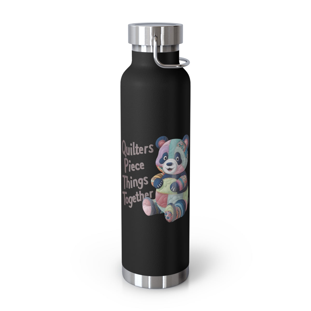A Black funny quilting-inspired Insulated Bottle with the phrase Quilters Piece Things Together with a patchwork panda design . The panda is made of colorful fabric scraps stitched together, creating a whimsical and crafty appearance. Perfect for quilting enthusiasts with a sense of humor.