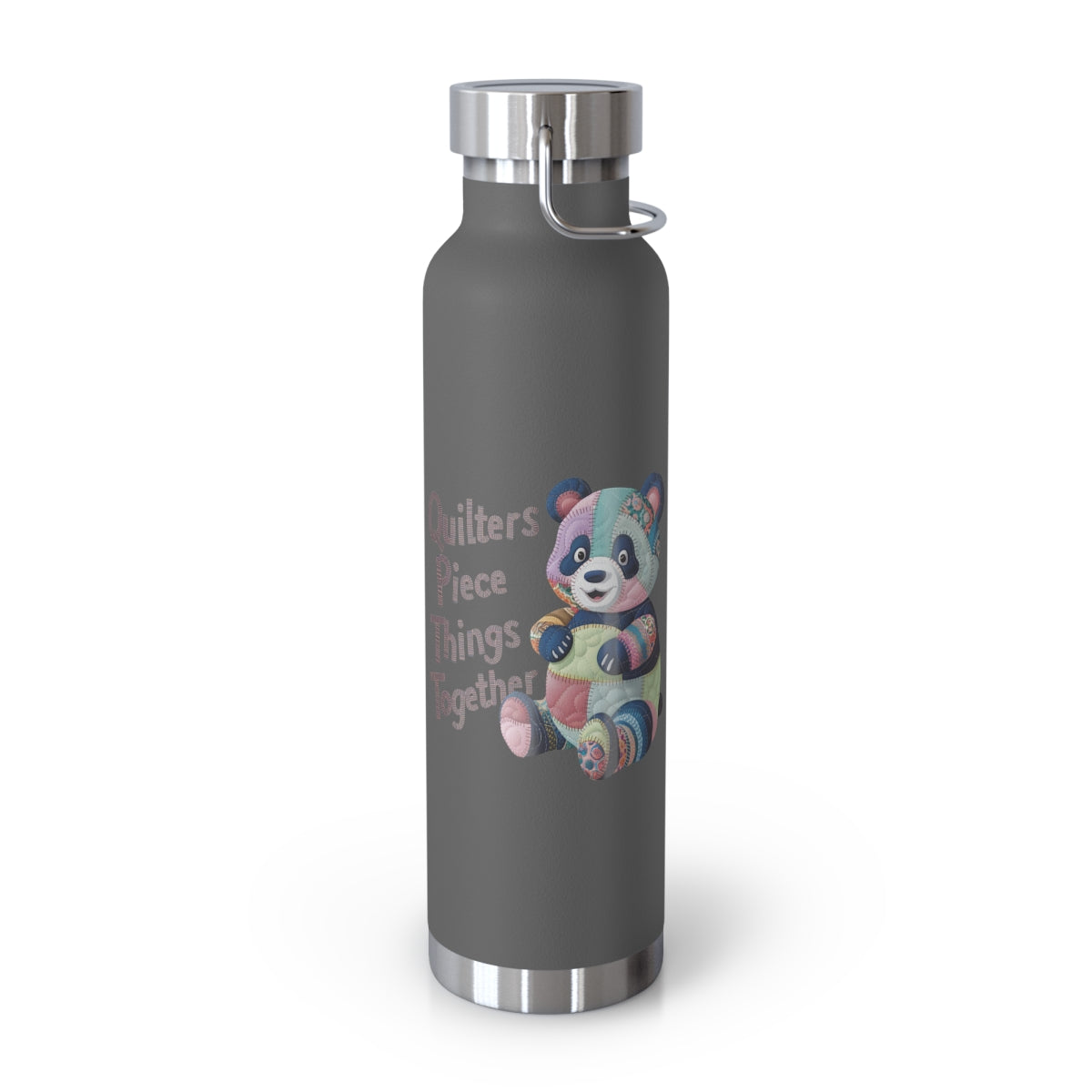 A Grey funny quilting-inspired Insulated Bottle with the phrase Quilters Piece Things Together with a patchwork panda design . The panda is made of colorful fabric scraps stitched together, creating a whimsical and crafty appearance. Perfect for quilting enthusiasts with a sense of humor.