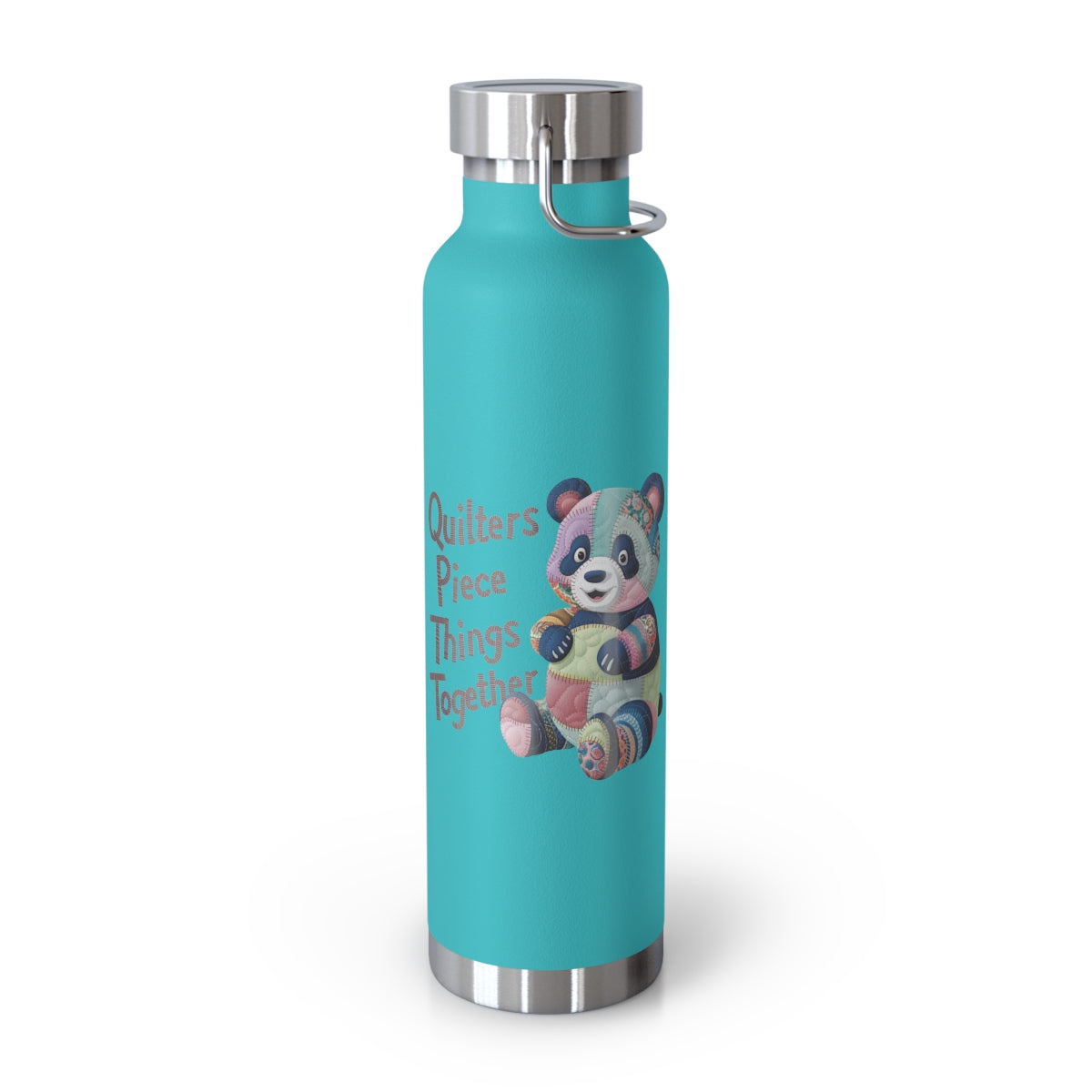 A Mint Green funny quilting-inspired Insulated Bottle with the phrase Quilters Piece Things Together with a patchwork panda design . The panda is made of colorful fabric scraps stitched together, creating a whimsical and crafty appearance. Perfect for quilting enthusiasts with a sense of humor.