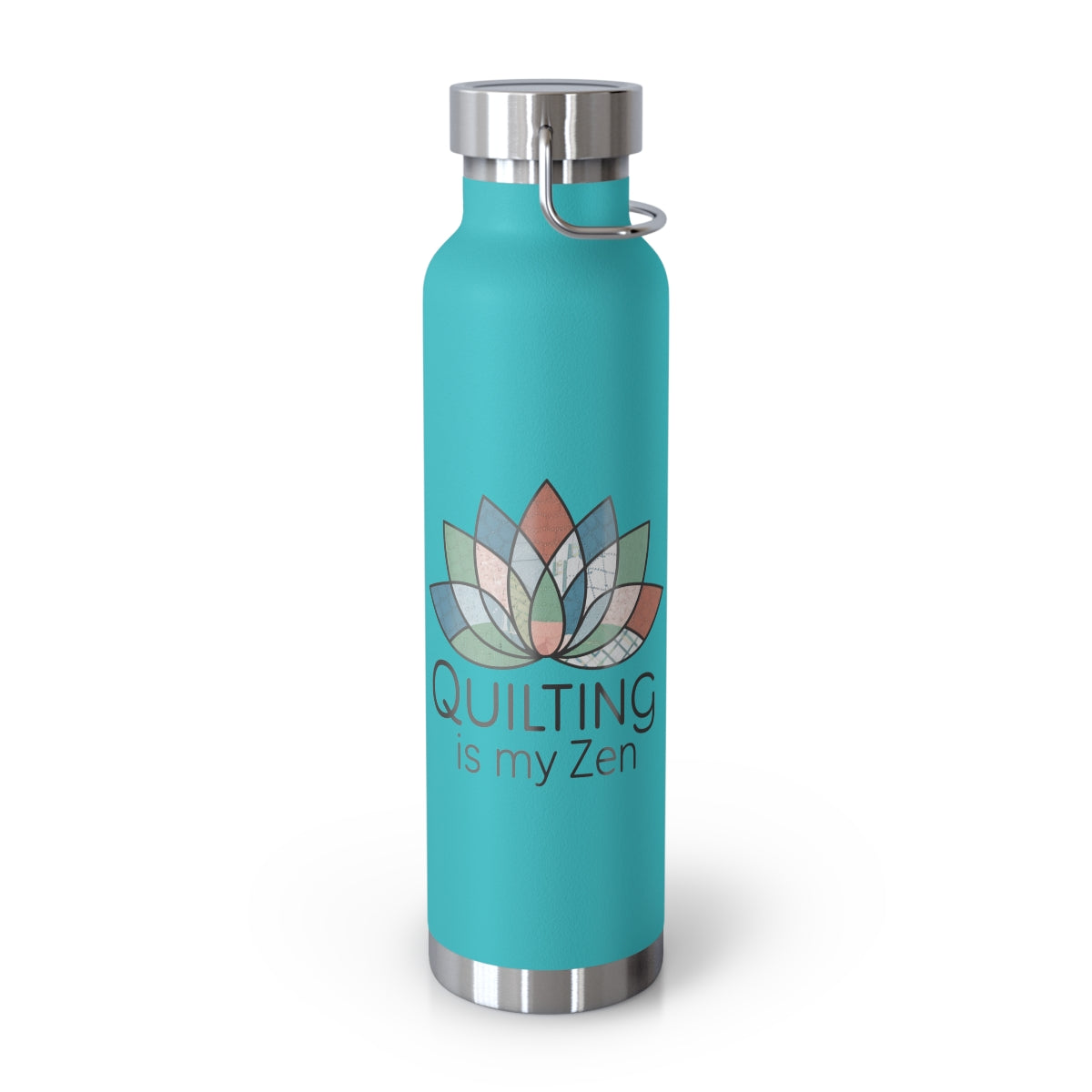 A Mint Green funny quilting-inspired Insulated Bottle with the phrase Quilting is my Zen on a quilting-themed t-shirt with a lotus flower design made of various quilt patterns and textures. 