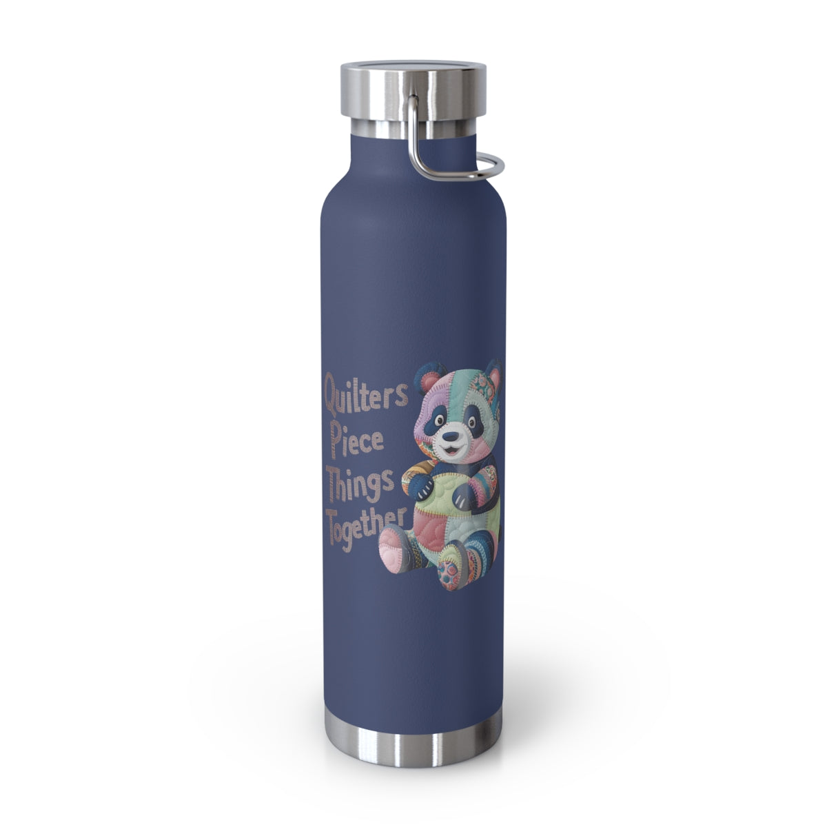 A Navy funny quilting-inspired Insulated Bottle with the phrase Quilters Piece Things Together with a patchwork panda design . The panda is made of colorful fabric scraps stitched together, creating a whimsical and crafty appearance. Perfect for quilting enthusiasts with a sense of humor.