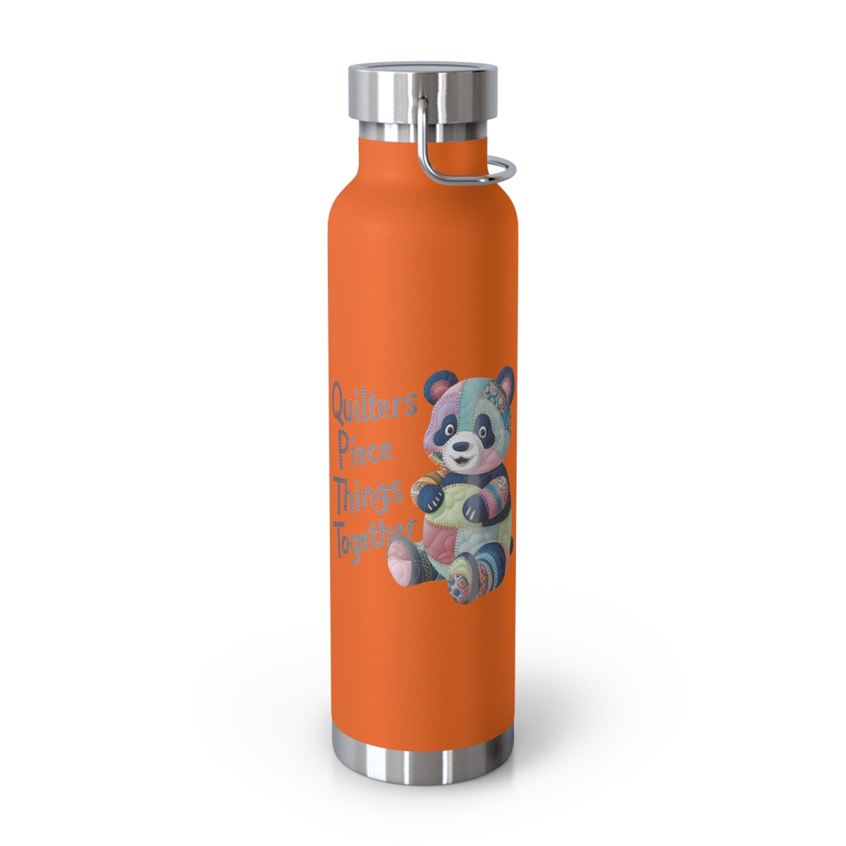 An Orange funny quilting-inspired Insulated Bottle with the phrase Quilters Piece Things Together with a patchwork panda design . The panda is made of colorful fabric scraps stitched together, creating a whimsical and crafty appearance. Perfect for quilting enthusiasts with a sense of humor.