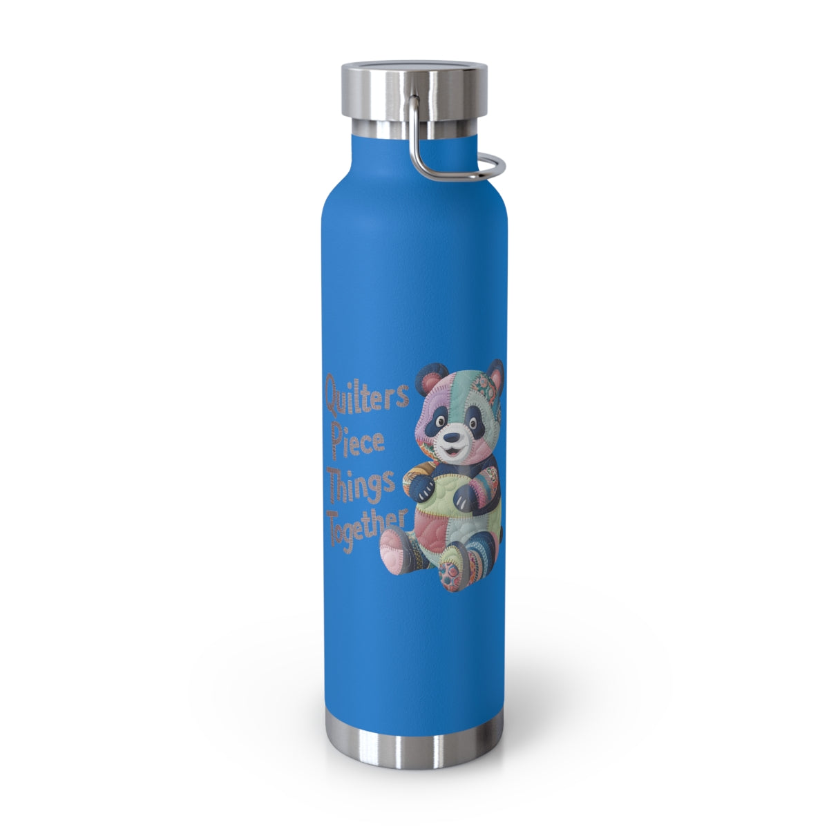 A Pebble Blue funny quilting-inspired Insulated Bottle with the phrase Quilters Piece Things Together with a patchwork panda design . The panda is made of colorful fabric scraps stitched together, creating a whimsical and crafty appearance. Perfect for quilting enthusiasts with a sense of humor.