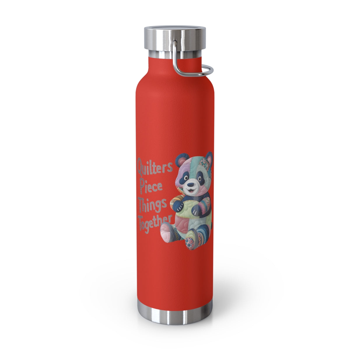 A Red funny quilting-inspired Insulated Bottle with the phrase Quilters Piece Things Together with a patchwork panda design . The panda is made of colorful fabric scraps stitched together, creating a whimsical and crafty appearance. Perfect for quilting enthusiasts with a sense of humor.