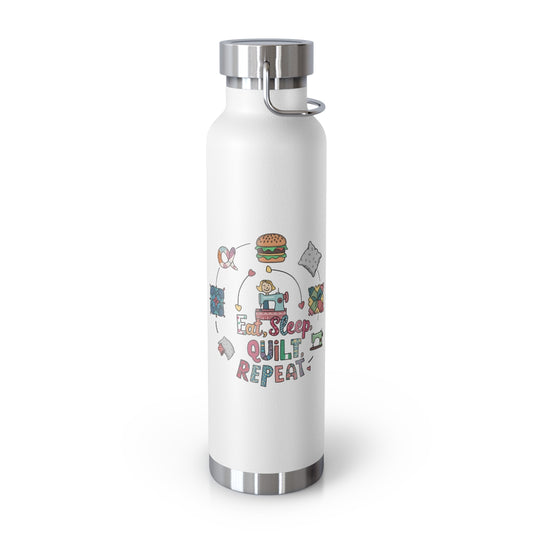A White funny quilting-inspired Insulated Bottle with the phrase Eat, Sleep, Quilt, Repeat  showing the cycle of a quilter's day with eating, sleeping, and quilting