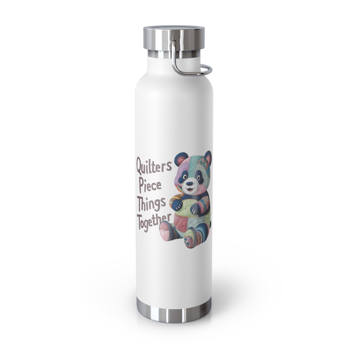 A White funny quilting-inspired Insulated Bottle with the phrase Quilters Piece Things Together with a patchwork panda design . The panda is made of colorful fabric scraps stitched together, creating a whimsical and crafty appearance. Perfect for quilting enthusiasts with a sense of humor.