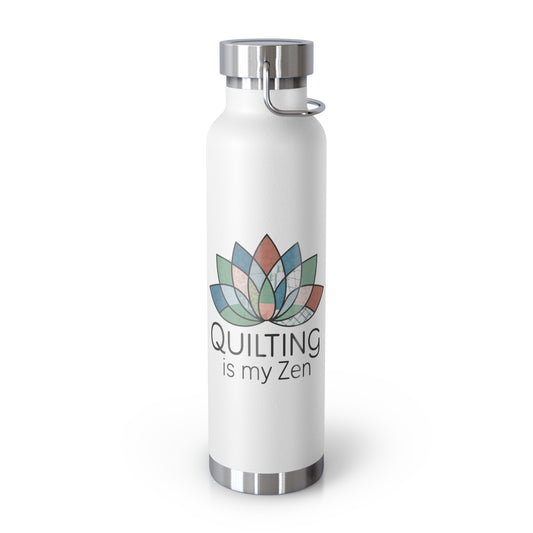 A White funny quilting-inspired Insulated Bottle with the phrase Quilting is my Zen on a quilting-themed t-shirt with a lotus flower design made of various quilt patterns and textures. 