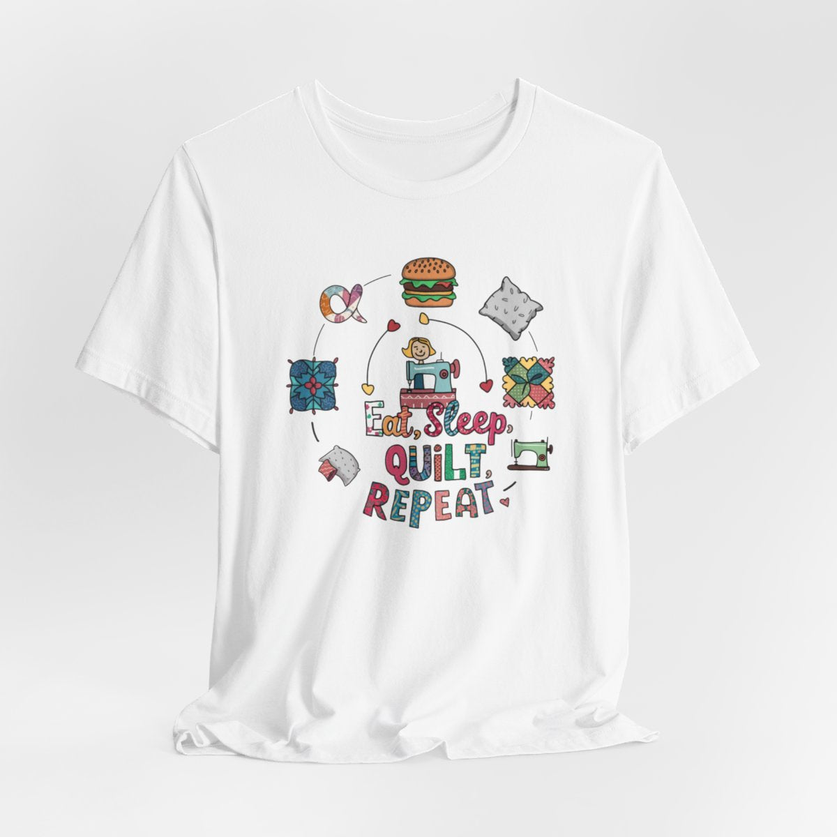 A White funny quilting T-Shirt with the phrase Eat, Sleep, Quilt, Repeat  showing the cycle of a quilter's day with eating, sleeping, and quilting