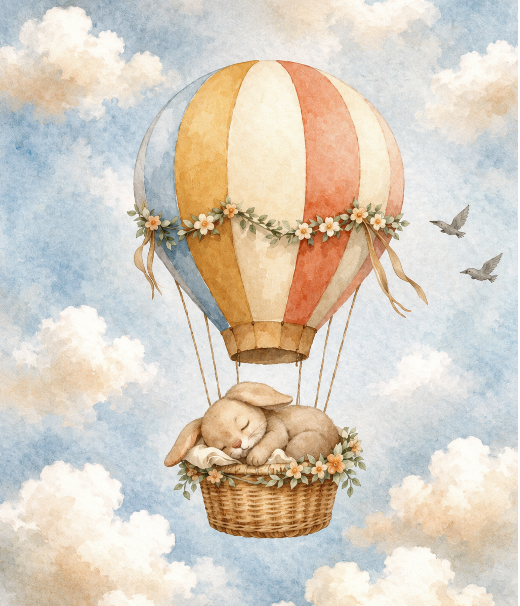Sleepy bunny balloon baby quilt panel print — a sleeping bunny in a hot air balloon drifting through clouds