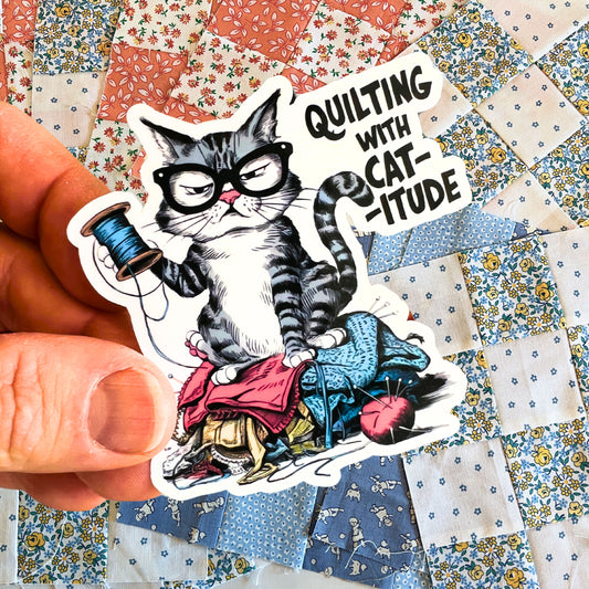 Quilting with Cat-itude Sticker – Funny Quilting & Cat Lover Vinyl Sticker