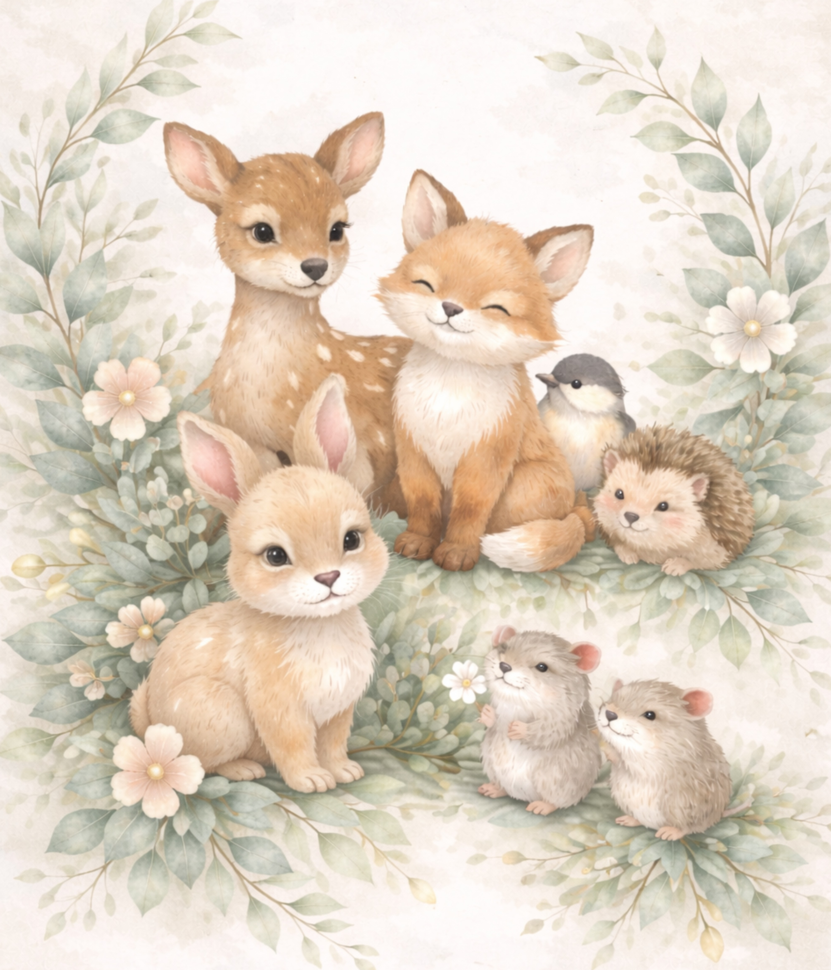 Woodland friends baby quilt panel print — a baby deer, fox, bunny, bird and hedgehog in the woods