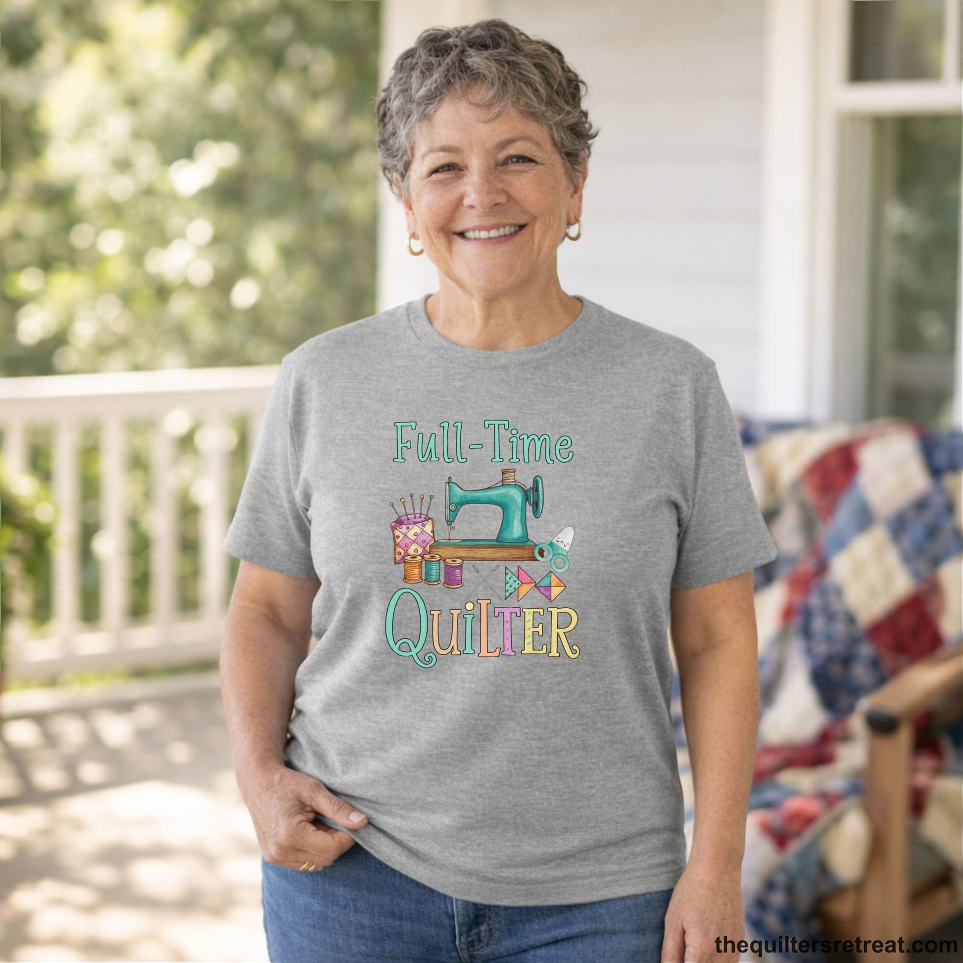 A Short Sleeve T-Shirt with a vintage sewing machine with colorful threads and "Full-Time Quilter" text in playful style