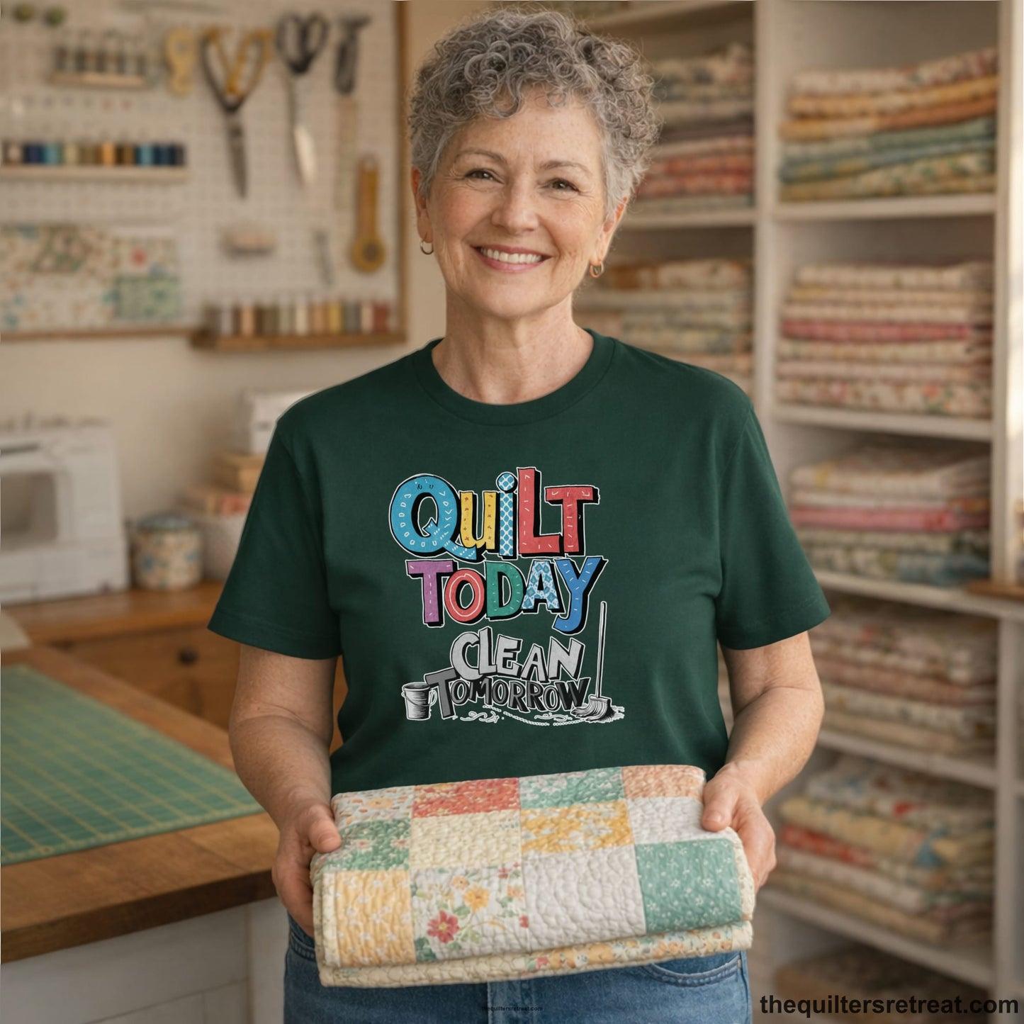 A Short Sleeve T-Shirt with a playful "Quilt Today Clean Tomorrow" text with colorful patterns and cleaning tools illustration