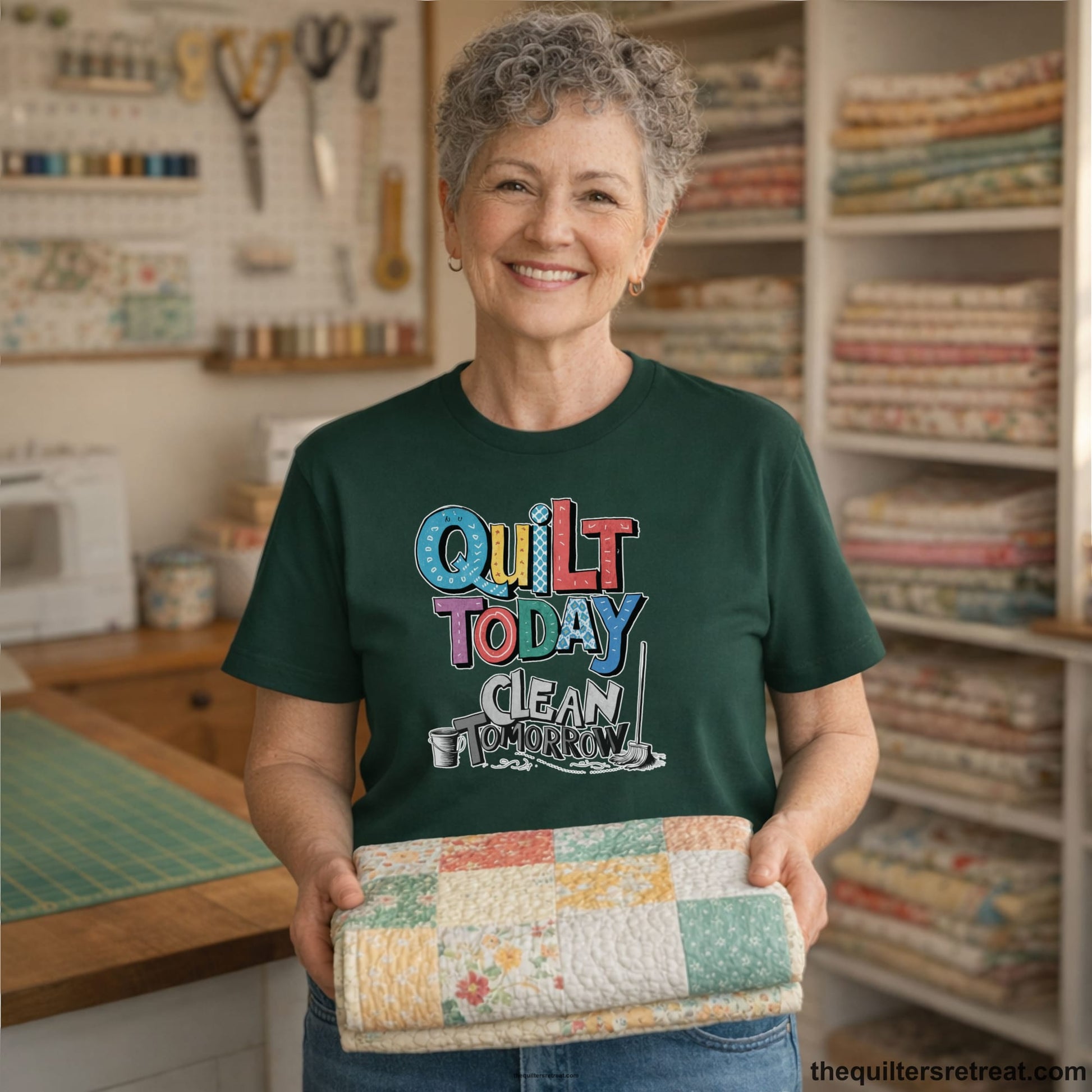 A Short Sleeve T-Shirt with a playful "Quilt Today Clean Tomorrow" text with colorful patterns and cleaning tools illustration