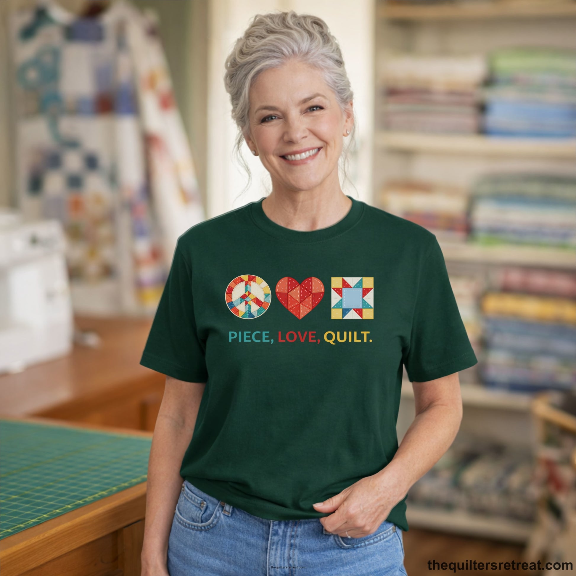 A Forest Short Sleeve T-Shirt with a Colorful quilt patterns, "PIECE, LOVE, QUILT." text, whimsical style.