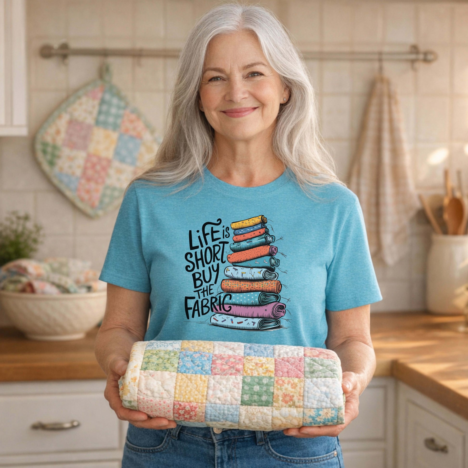 A Heather Aqua Short Sleeve T-Shirt with a illustration of colorful fabric rolls with bold "Life is Short Buy the Fabric" text