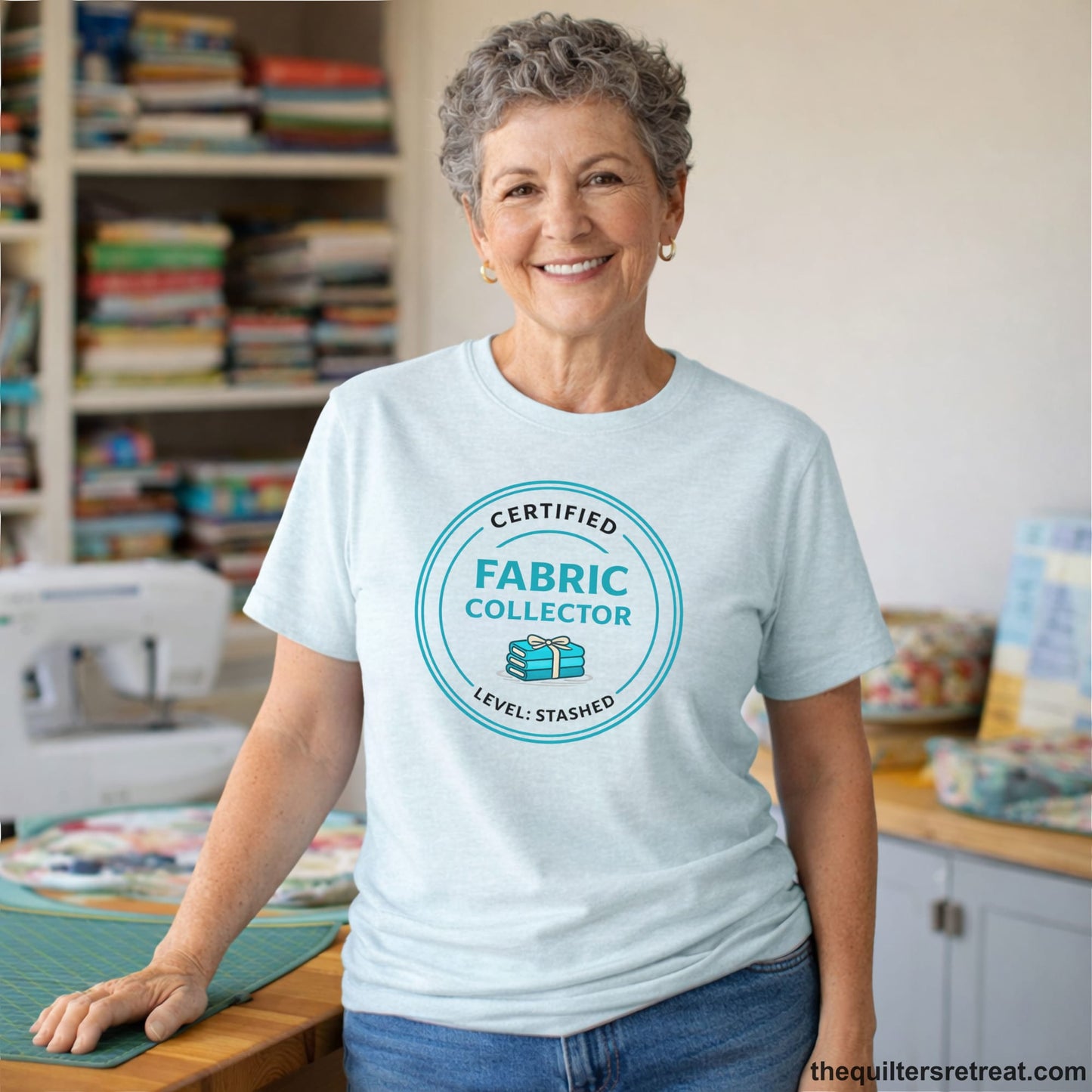 A  Short Sleeve T-Shirt featuring a playful design about fabric collecting.