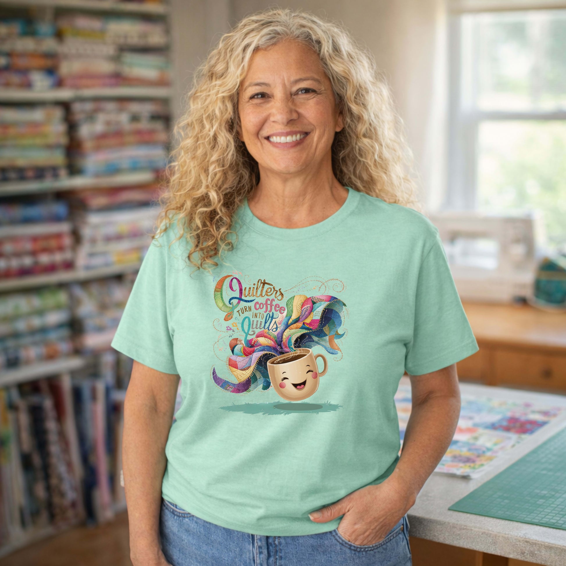 A Heather Mint Short Sleeve T-Shirt with a quirky "Quilters Turn Coffee into Quilts" text with vibrant swirling patterns