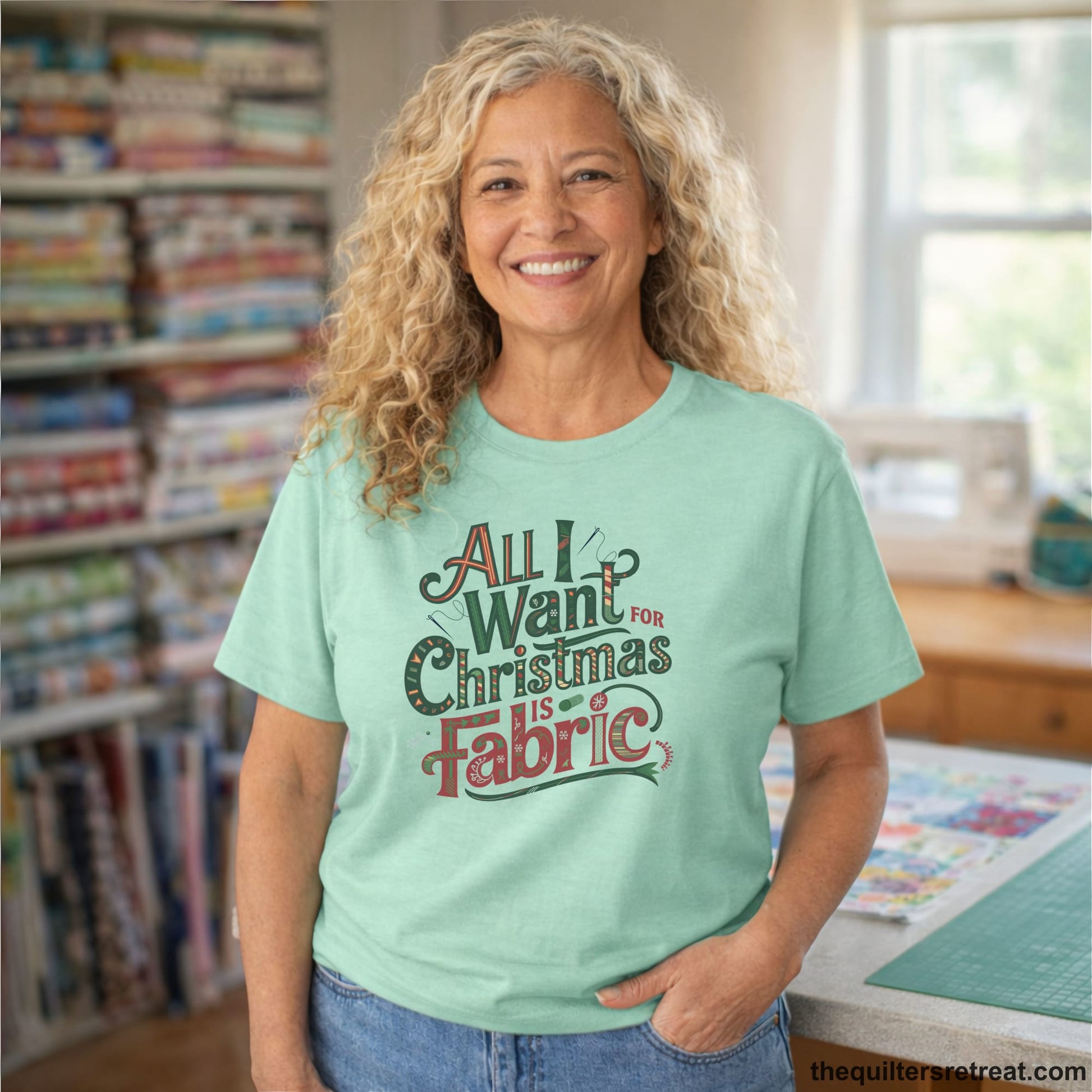 A Heather Mint Short Sleeve T-Shirt with a vintage holiday text "All I Want for Christmas is Fabric" with festive motifs