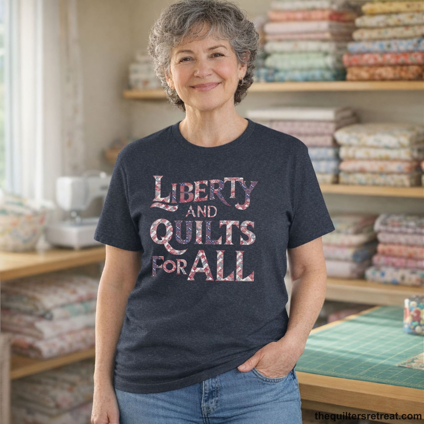 A Heather Navy Short Sleeve T-Shirt with a Liberty and Quilts for All" text with patchwork quilt pattern in a vintage style
