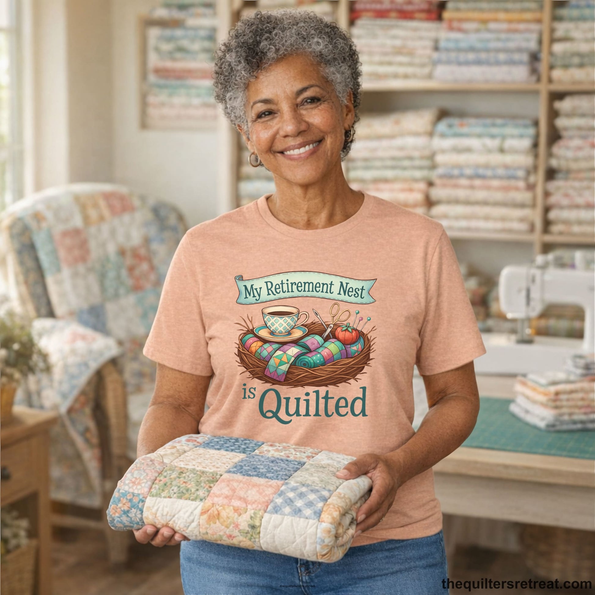 A Short Sleeve T-Shirt with a My Retirement Nest is Quilted text with a cozy sewing elements illustration