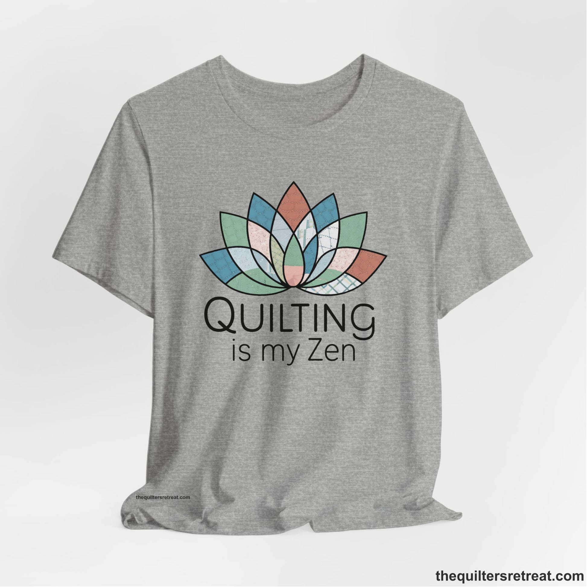 A Athletic Heather Short Sleeve T-Shirt with a floral quilt pattern with "Quilting is my Zen" text in a calm, soothing design