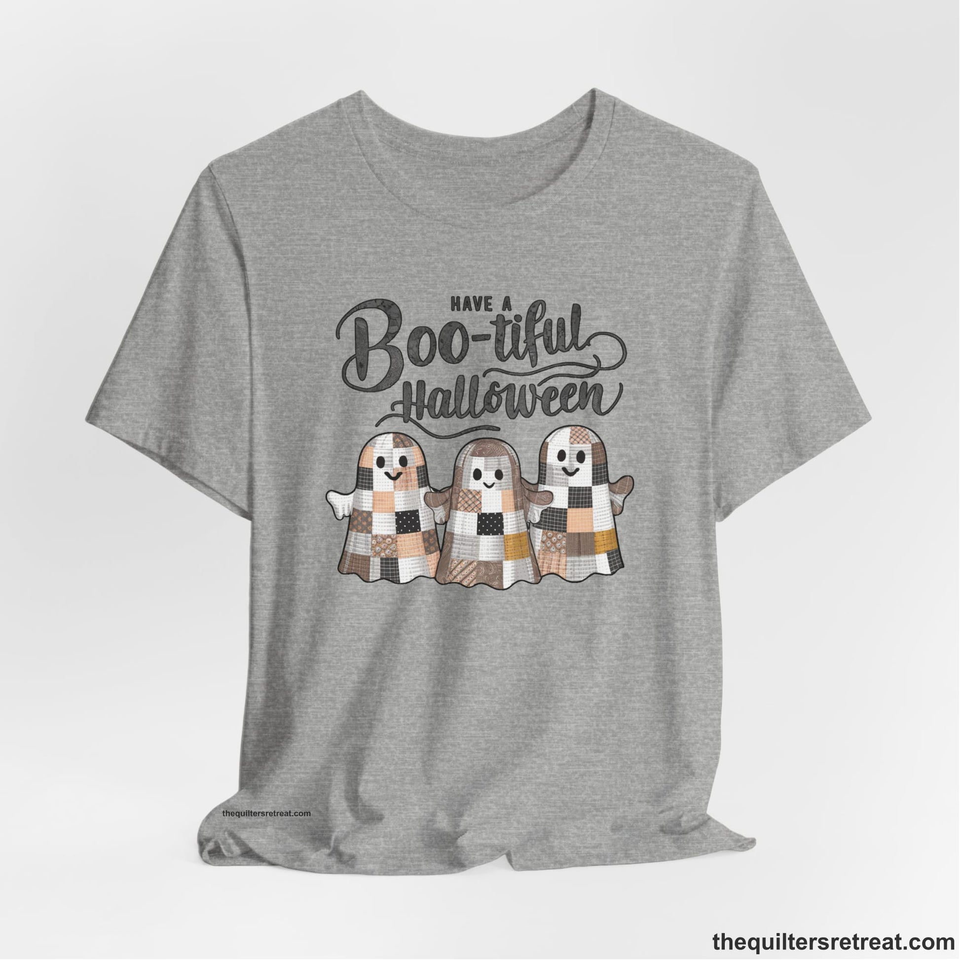 A Athletic Heather Short Sleeve T-Shirt with a cute patchwork ghosts with "Boo-tiful Halloween" text in a playful style