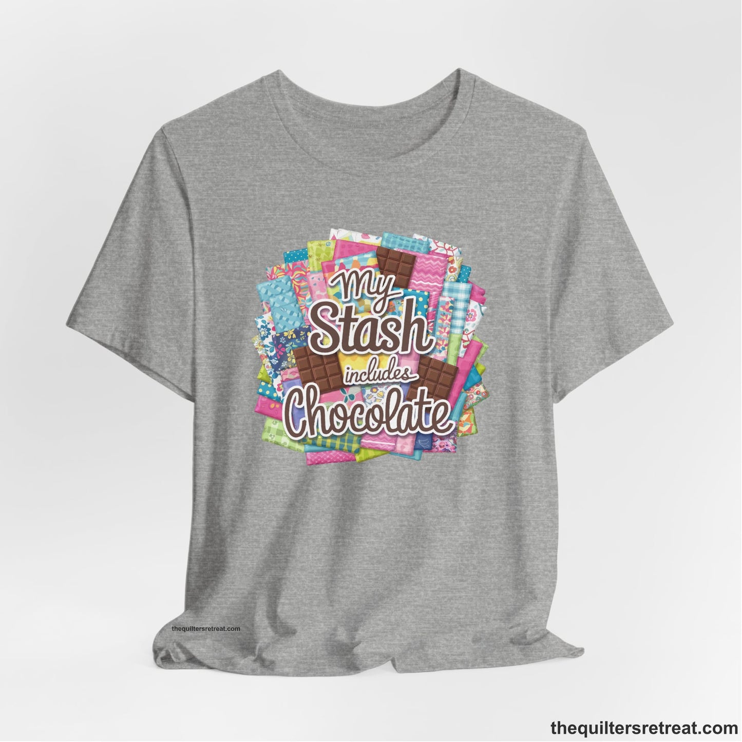 A Athletic Heather Short Sleeve T-Shirt with a fabric and chocolate collage with playful "My Stash includes Chocolate" text
