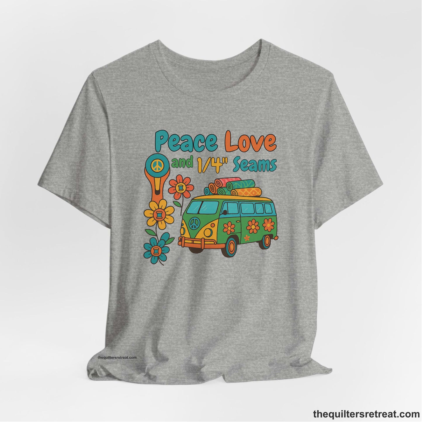 A Athletic Heather Short Sleeve T-Shirt with a peace sign van with colorful flowers and "Peace Love and 1/4 Seams" text in retro style