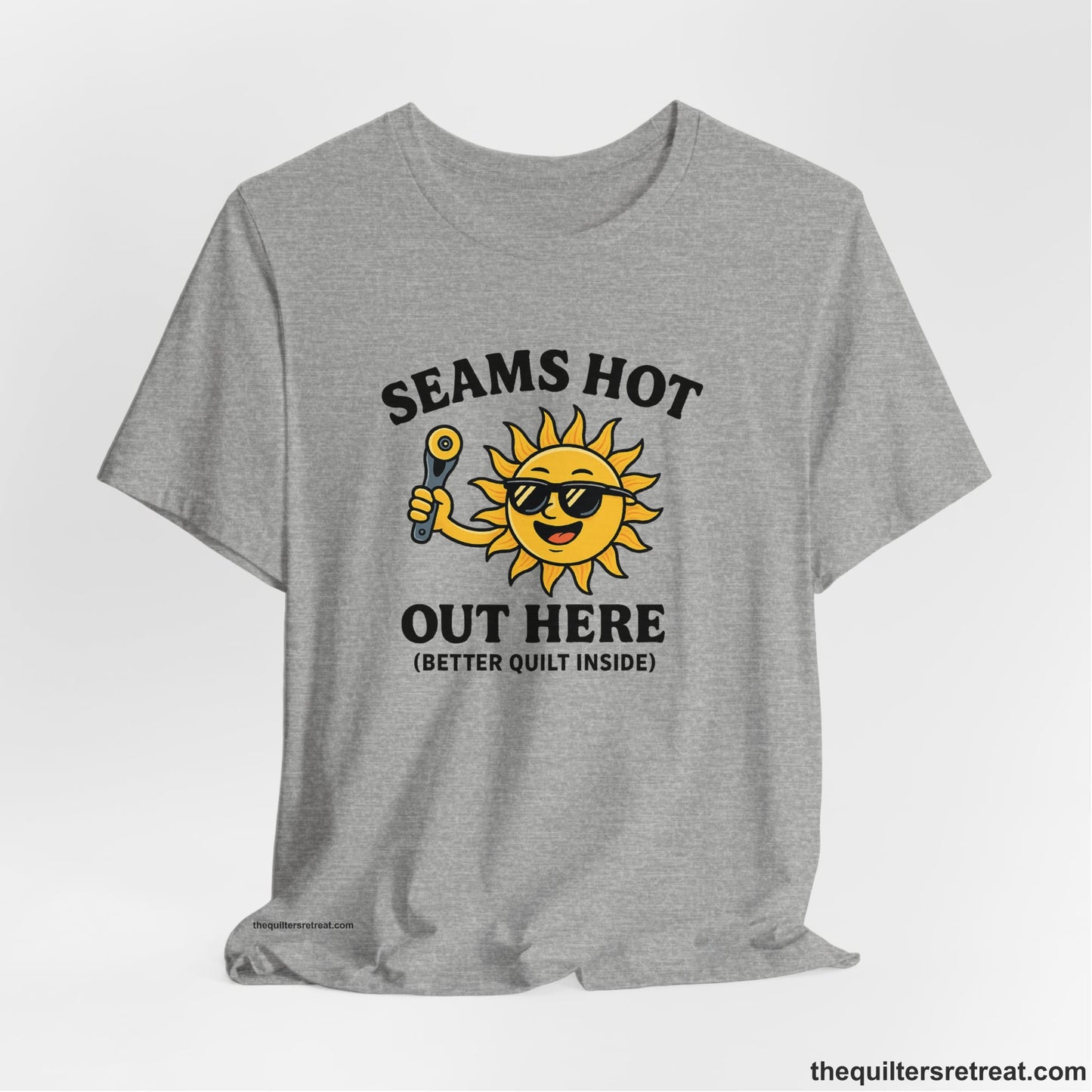 A Athletic Heather Short Sleeve T-Shirt with a smiling sun with sunglasses holding a pizza cutter in a playful cartoon style