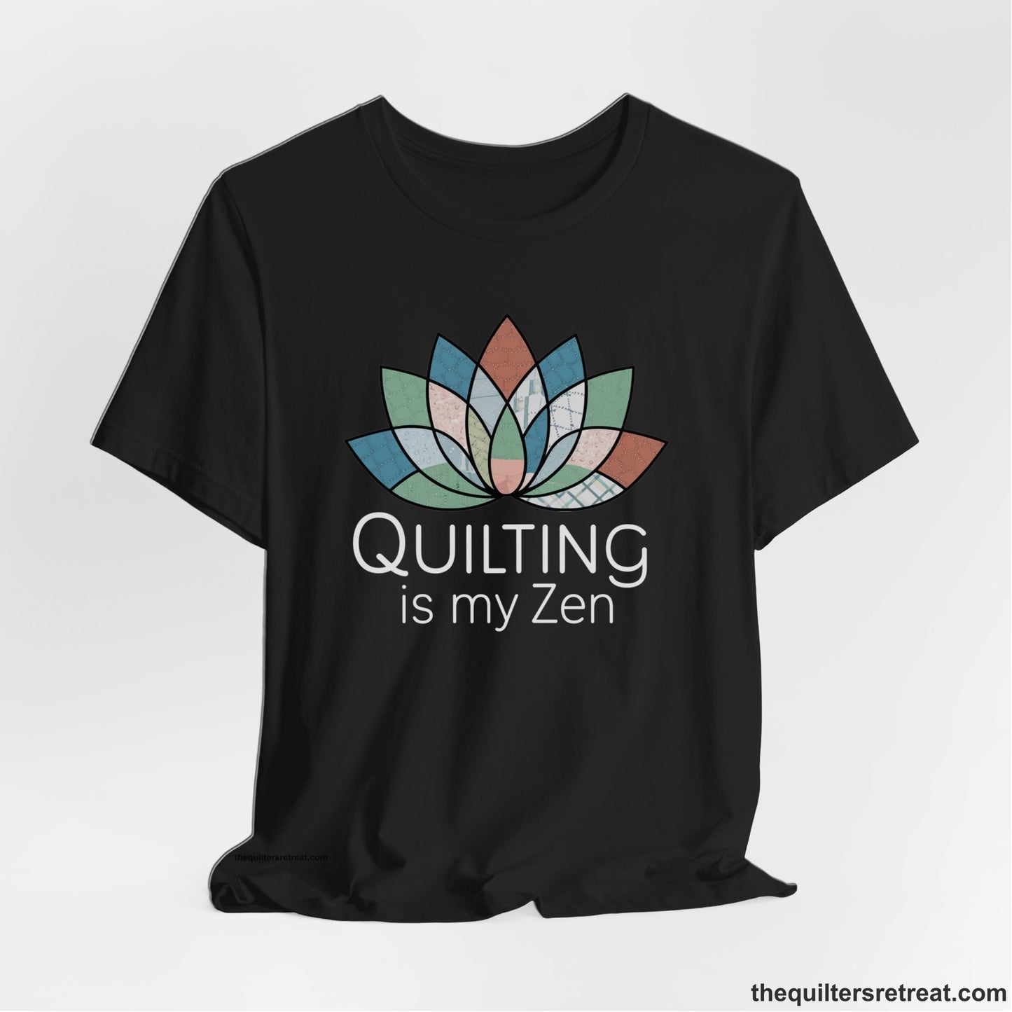 A Black Short Sleeve T-Shirt with a floral quilt pattern with "Quilting is my Zen" text in a calm, soothing design