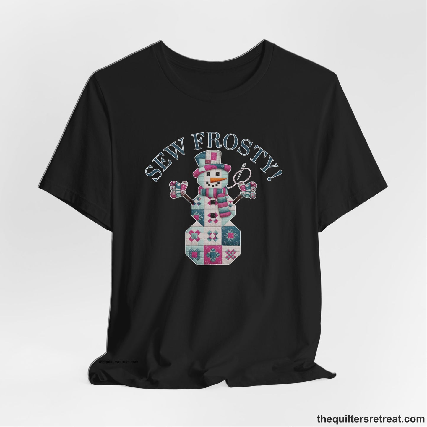 A Black Short Sleeve T-Shirt with a snowman quilt pattern with "Sew Frosty!" text in a crafty style