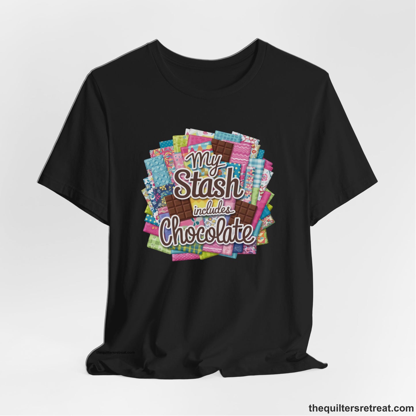A Black Short Sleeve T-Shirt with a fabric and chocolate collage with playful "My Stash includes Chocolate" text