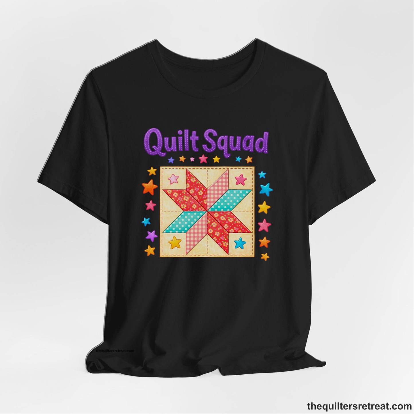 A Black Short Sleeve T-Shirt with a Patchwork quilt star with colorful stars, playful mood, "Quilt Squad" text.