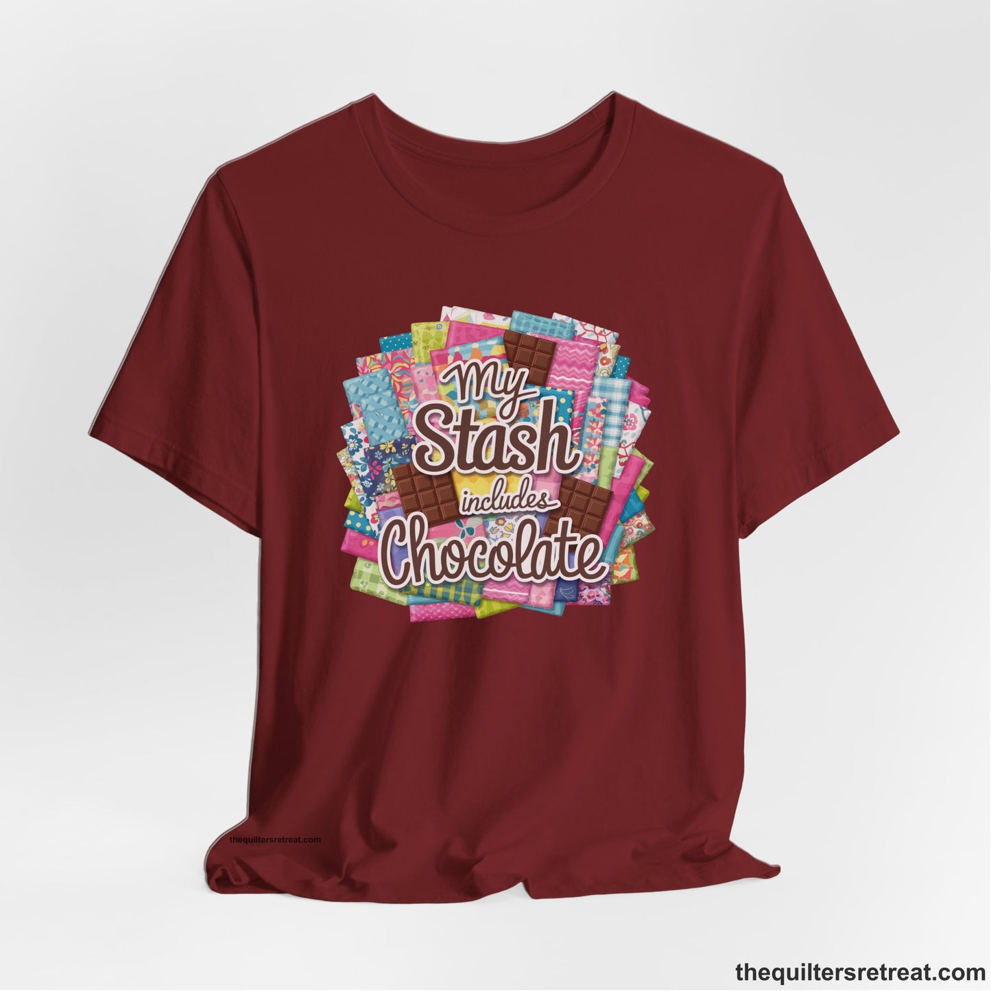 A Cardinal Short Sleeve T-Shirt with a fabric and chocolate collage with playful "My Stash includes Chocolate" text