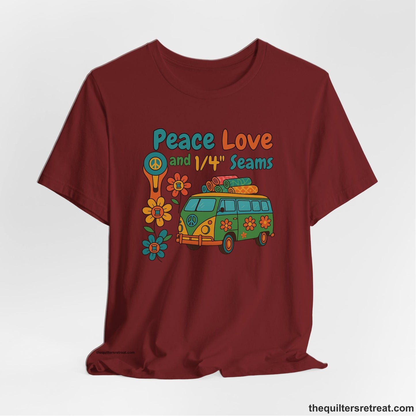 A Cardinal Short Sleeve T-Shirt with a peace sign van with colorful flowers and "Peace Love and 1/4 Seams" text in retro style