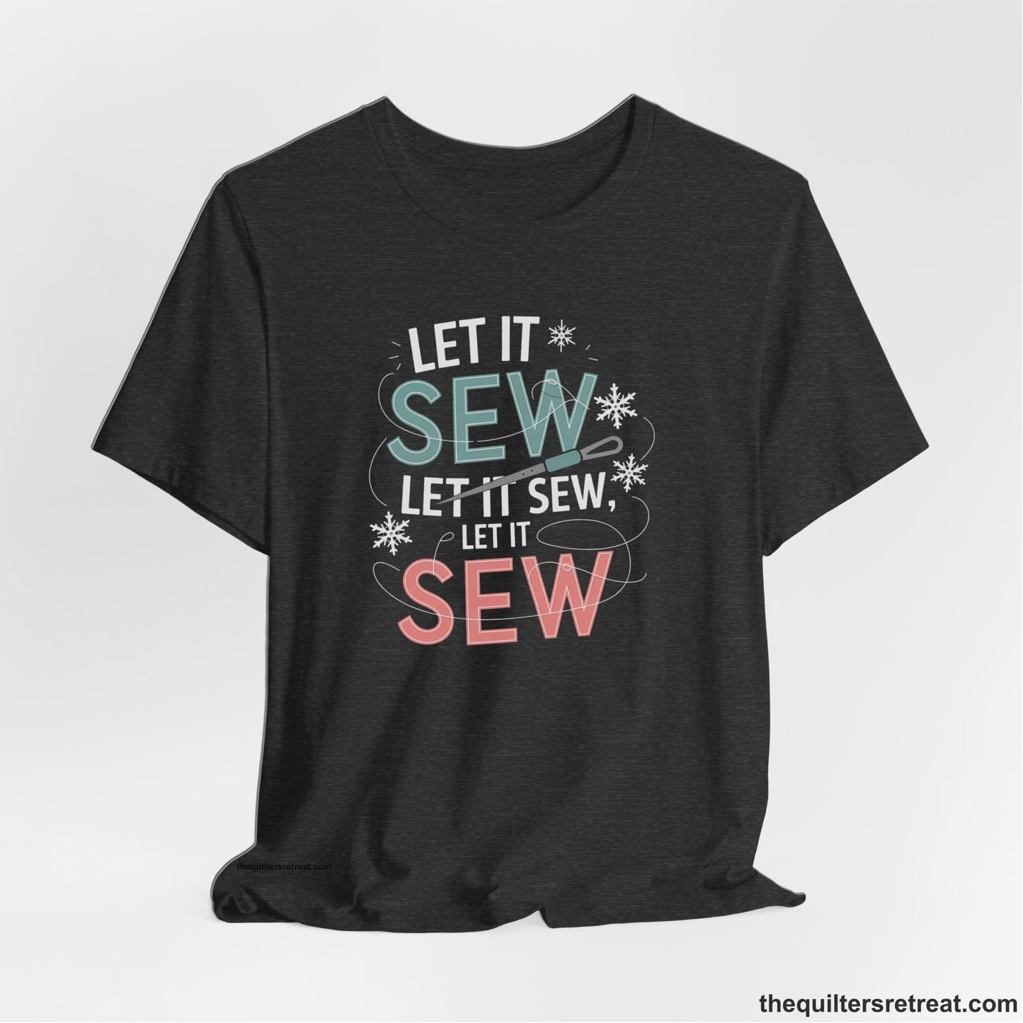 A Dark Grey Heather Short Sleeve T-Shirt with a bold "SEW" text with needle and thread in a modern style