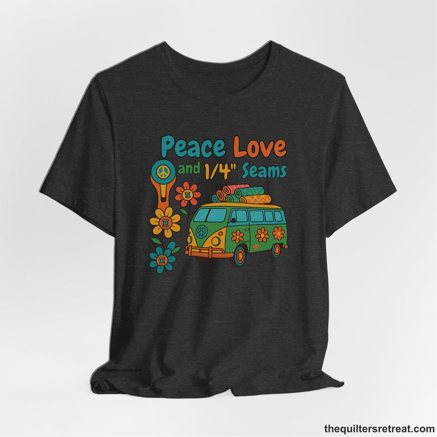 A Dark Grey Heather Short Sleeve T-Shirt with a peace sign van with colorful flowers and "Peace Love and 1/4 Seams" text in retro style