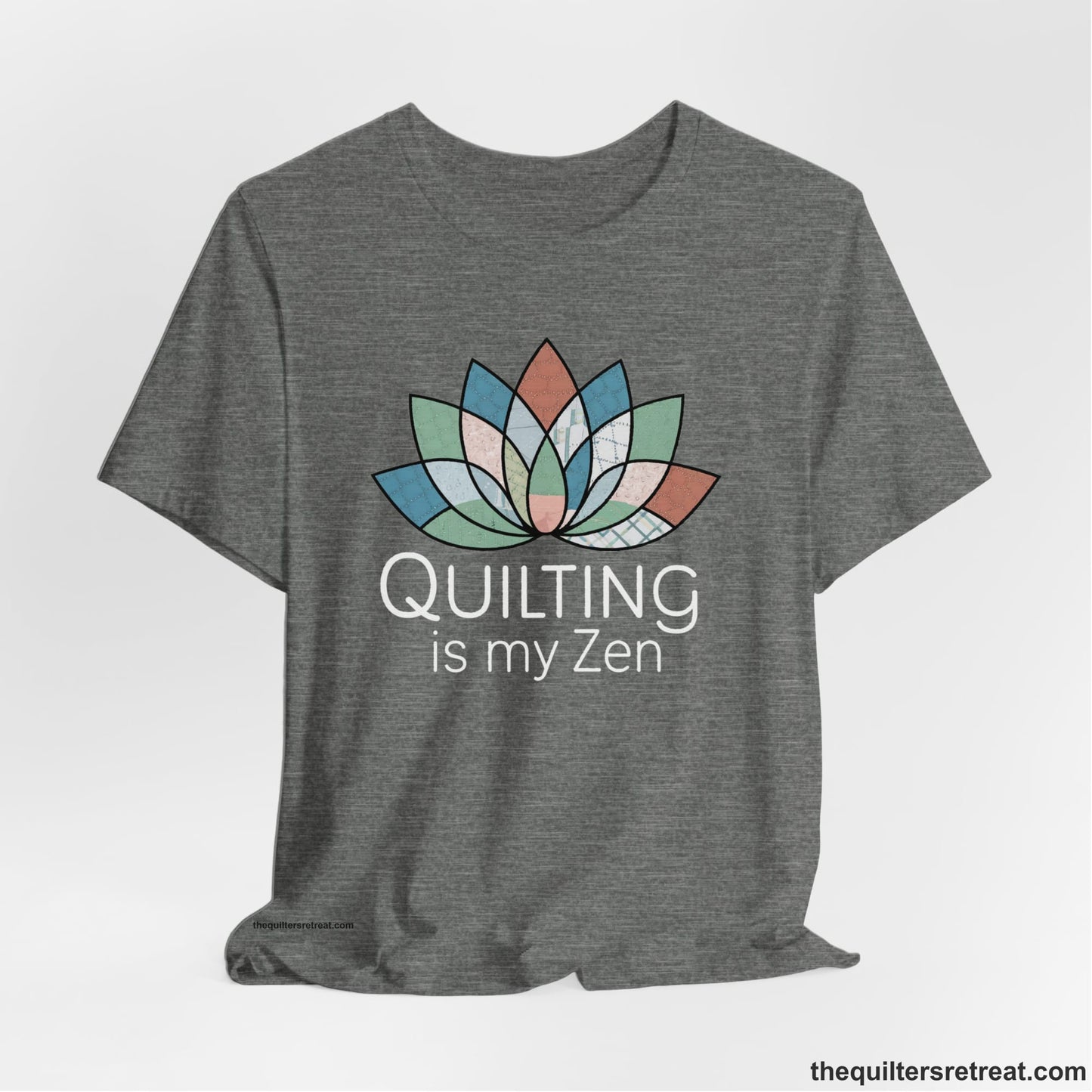 A Deep Heather Short Sleeve T-Shirt with a floral quilt pattern with "Quilting is my Zen" text in a calm, soothing design